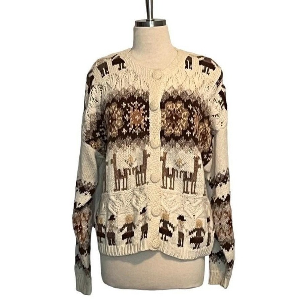 Red Camel Llama Novelty Cardigan Sweater Womens Large Cream Brown Vintage Ramie